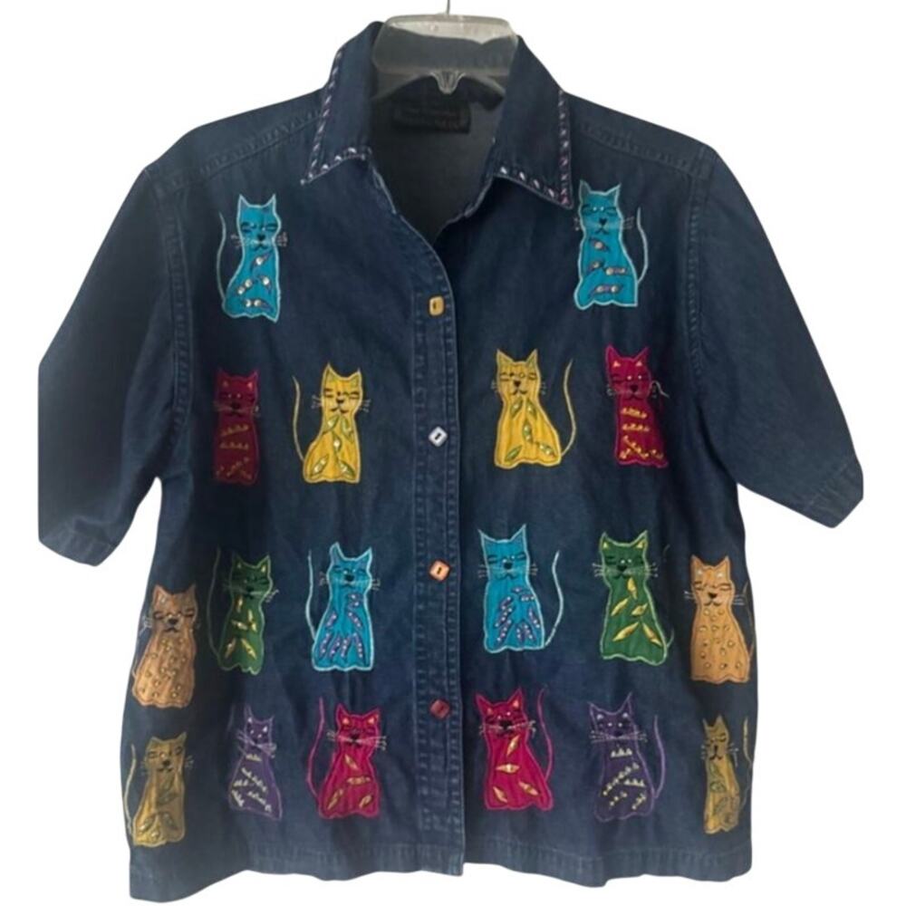 New Directions Denim Shirt with Cats -Size M